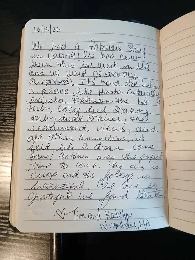 Handwritten guest journal page: 10/12/26 We had a fabulous stay in Cabin! We had never been this far west in MA and we were pleasant