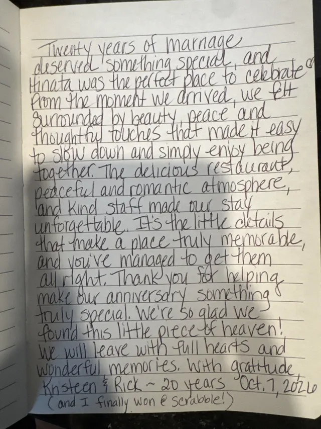 Handwritten guest journal page: Twenty years of marriage deserved something special, and Hinata was the perfect place to celebrate! 