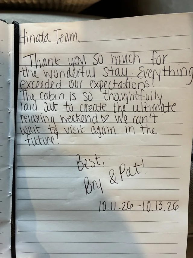 Handwritten guest journal page: Hinata Team, Thank you so much for the wonderful stay. Everything exceeded our expectations! The cab