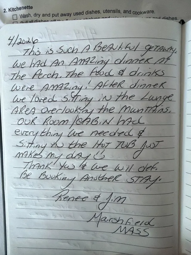 Handwritten guest journal page: 4/2026 This is such A Beautiful getaway. We had An Amazing dinner At The Perch. The food & drinks we
