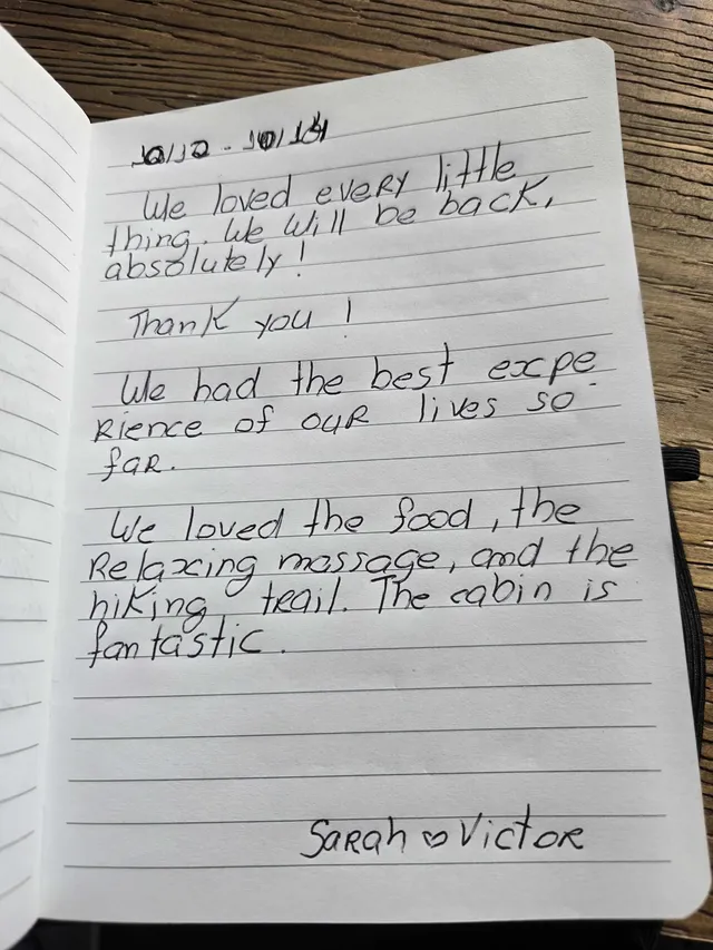 Handwritten guest journal page: 10/10 - 10/13 We loved every little thing. We will be back, absolutely! Thank you! We had the best e
