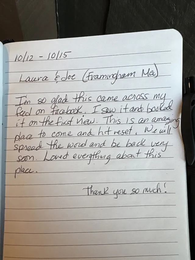 Handwritten guest journal page: 10/12 - 10/15 Laura & Joe (Framingham Ma) I'm so glad this came across my feed on facebook. I saw it