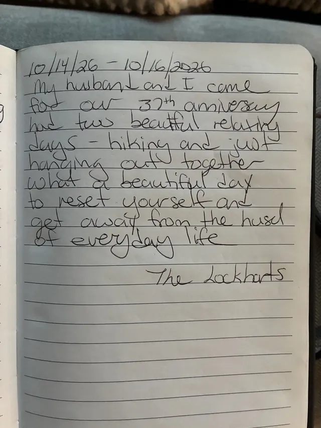 Handwritten guest journal page: 10/14/26 - 10/16/2026 My husband and I came for our 37th anniversary had two beautiful relaxing days