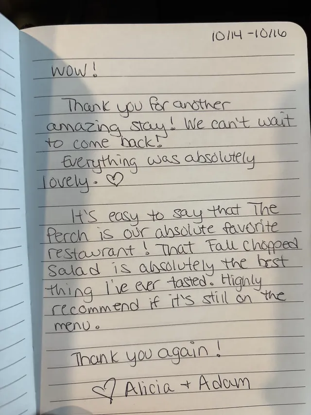Handwritten guest journal page: 10/14 - 10/16 WOW! Thank you for another amazing stay! We can't wait to come back! Everything was ab