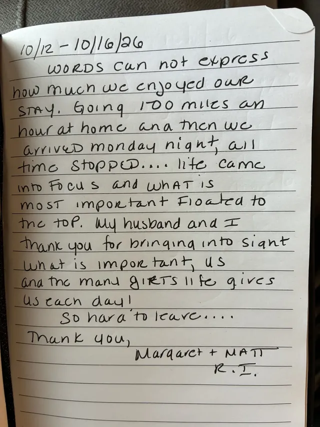 Handwritten guest journal page: 10/12 - 10/16/26 WORDS can not express how much we enjoyed our stay. Going 1700 miles an hour at hom