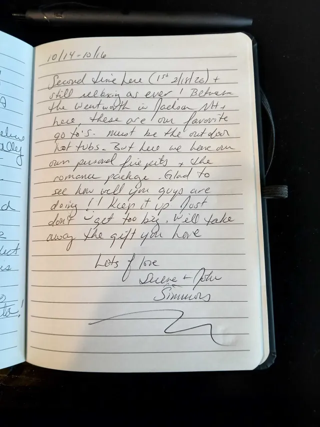 Handwritten guest journal page: 10/14-10/16 Second time here (1st 2/21/20) + still relaxing as ever! Between the Wentworth in Jackso