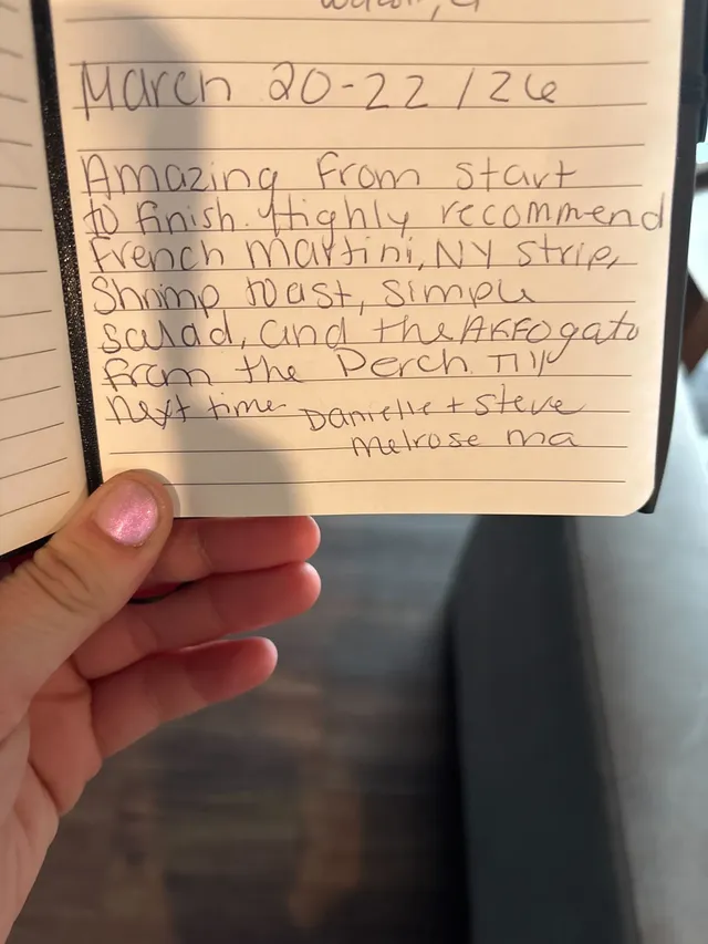 Handwritten guest journal page: March 20-22/26 Amazing from start to finish. Highly recommend French Martini, NY strip, Shrimp toast