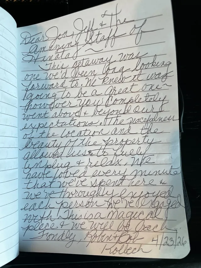 Handwritten guest journal page: Dear Jen, Jeff & the Amazing Staff of Hinata ~ This getaway was one we'd been long looking forward t
