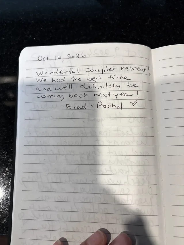 Handwritten guest journal page: Oct 16, 2026 Wonderful couples retreat! We had the best time and we'll definitely be coming back nex