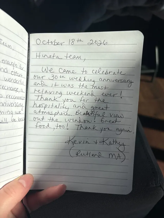 Handwritten guest journal page: October 18th 2026 Hinata team, We came to celebrate our 30th wedding anniversary and it was the most