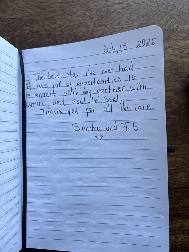 Handwritten guest journal page: Oct, 18 2026 The best stay I've ever had. It was full of opportunities to reconnect - with my partne