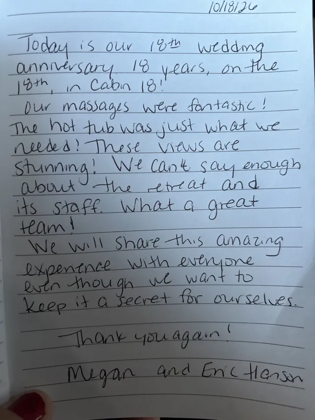 Handwritten guest journal page: 10/18/26 Today is our 18th wedding anniversary. 18 years, on the 18th, in Cabin 18! Our massages wer