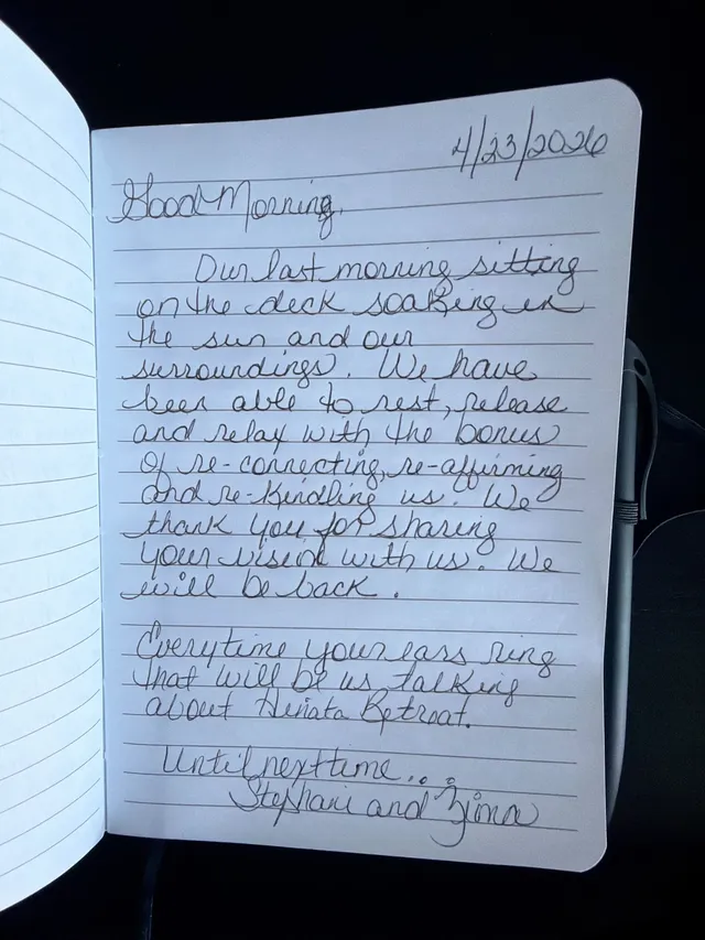 Handwritten guest journal page: 4/23/2026 Good Morning, Our last morning sitting on the deck soaking in the sun and our surroundings