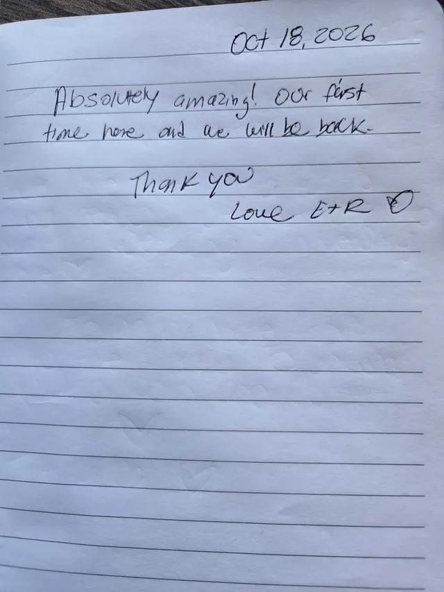 Handwritten guest journal page: Oct 18, 2026 Absolutely amazing! Our first time here and we will be back. Thank you Love E+R ♡