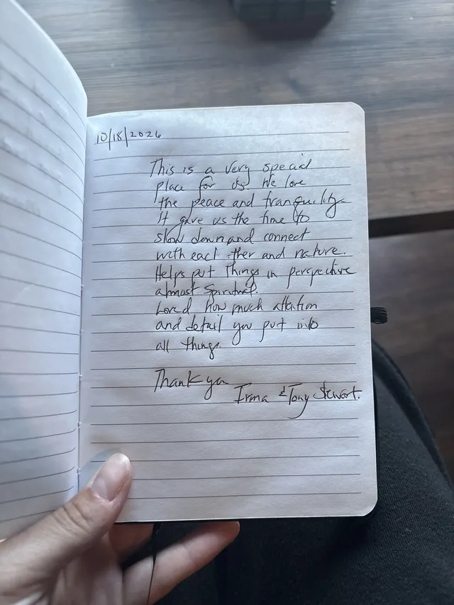 Handwritten guest journal page: 10/18/2026 This is a very special place for us. We love the peace and tranquility. It gave us the ti