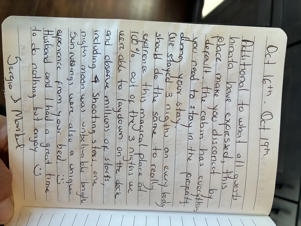 Handwritten guest journal page: Oct 16th - Oct 19th Additional to what all guests Hinata have expressed, this place make you disconn