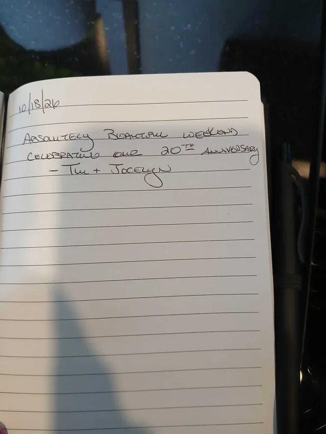Handwritten guest journal page: 10/18/26 Absolutely Beautiful weekend celebrating our 20th Anniversary - Tim + Jocelyn