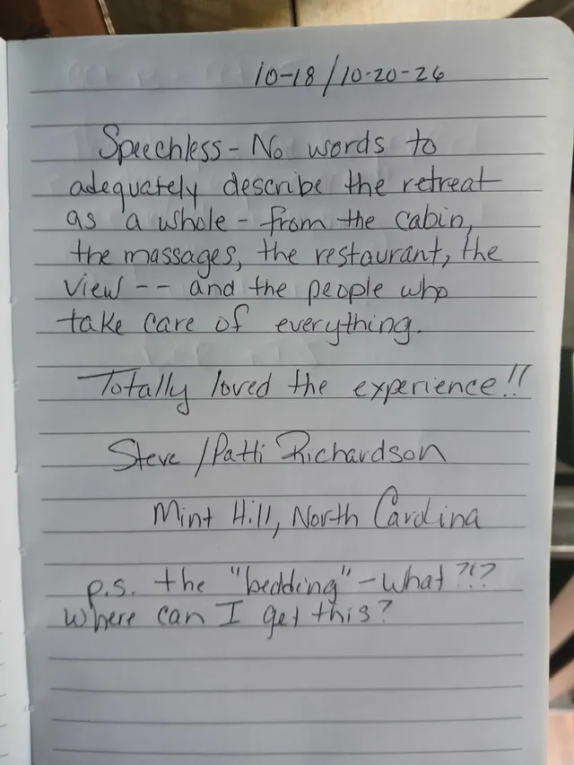 Handwritten guest journal page: 10-18/10-20-26 Speechless - No words to adequately describe the retreat as a whole - from the cabin,