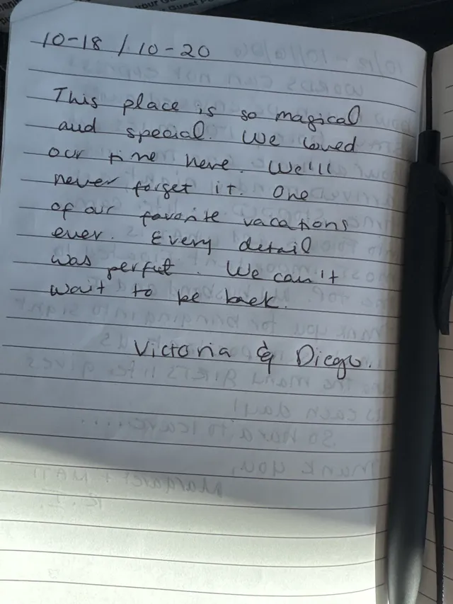 Handwritten guest journal page: 10-18/10-20 This place is so magical and special. We loved our time here. We'll never forget it. One