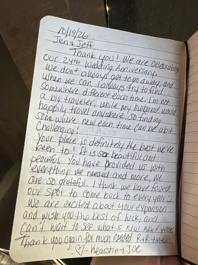 Handwritten guest journal page: 10/19/26 Jen & Jeff, Thank you! We are celebrating our 24th Wedding Anniversary. We don't always get