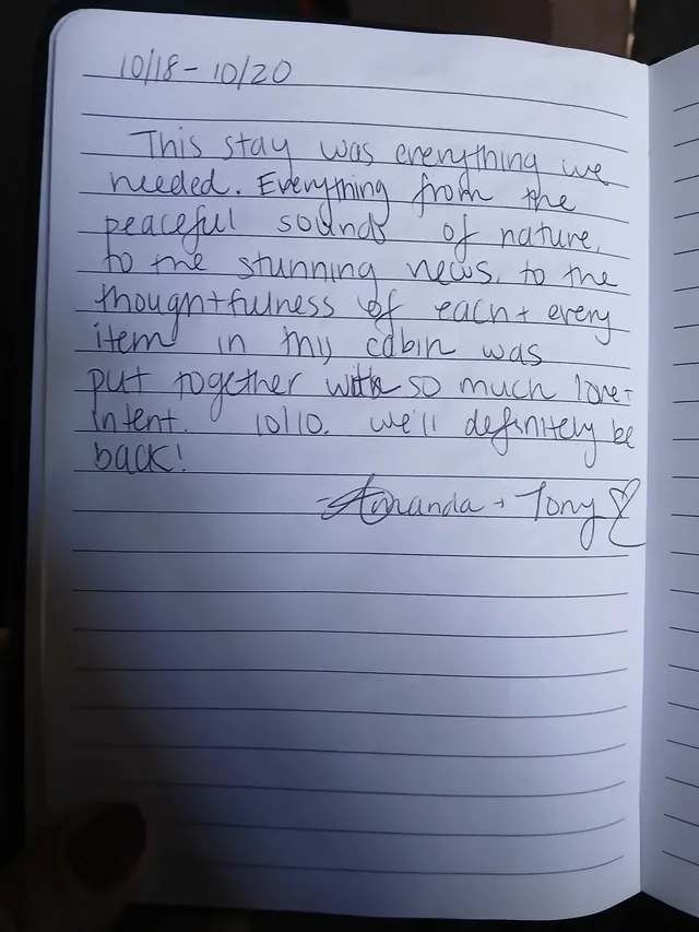 Handwritten guest journal page: 10/18-10/20 This stay was everything we needed. Everything from the peaceful sounds of nature, to th