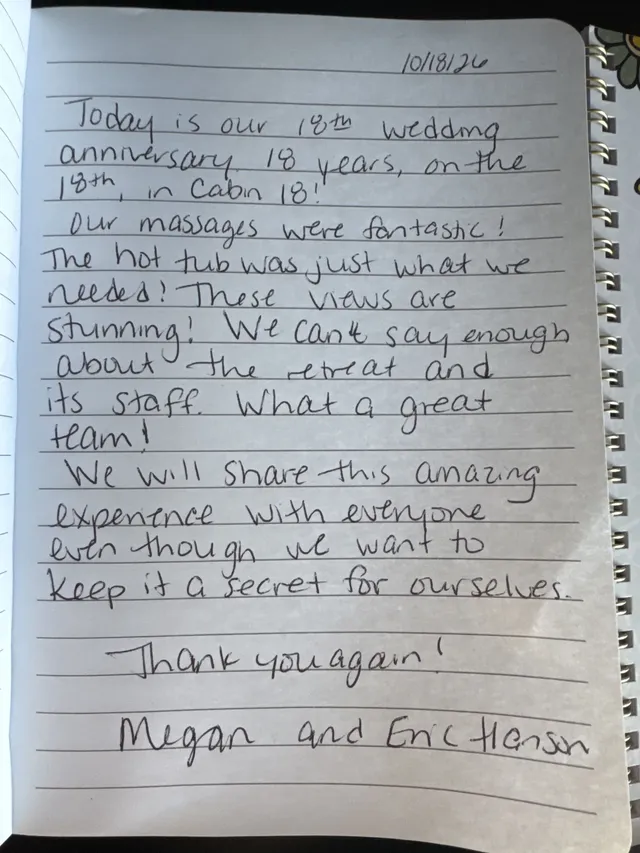 Handwritten guest journal page: 10/18/26 Today is our 18th wedding anniversary. 18 years, on the 18th, in Cabin 18! Our massages wer