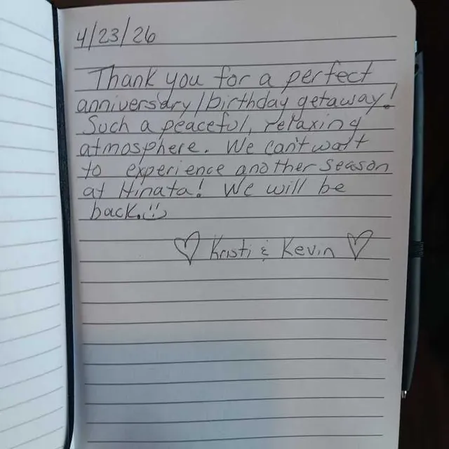 Handwritten guest journal page: 4/23/26 Thank you for a perfect anniversary/birthday getaway! Such a peaceful, relaxing atmosphere. 