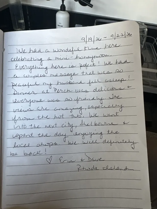Handwritten guest journal page: 9/19/26 ~ 9/22/26 We had a wonderful time here celebrating a mini-honeymoon. Everything here is perf