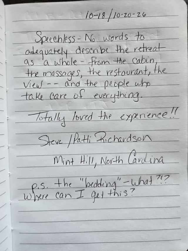 Handwritten guest journal page: 10-18/10-20-26 Speechless - No words to adequately describe the retreat as a whole - from the cabin,