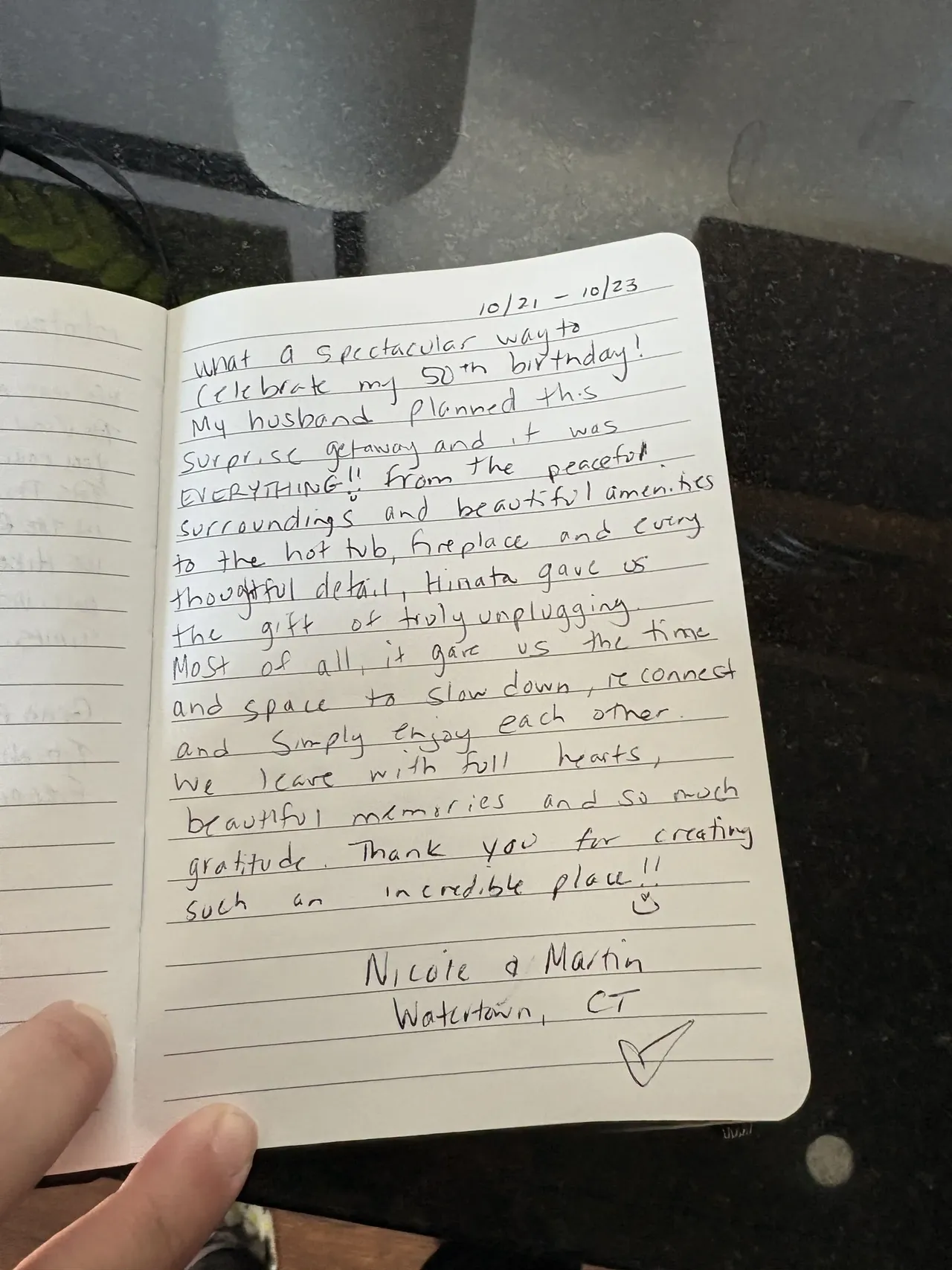 Handwritten guest journal page: 10/21 - 10/23 What a spectacular way to celebrate my 50th birthday! My husband planned this surprise