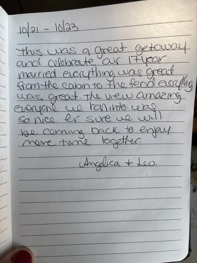 Handwritten guest journal page: 10/21 - 10/23 This was a great getaway and celebrate our 17 year married everything was great from t