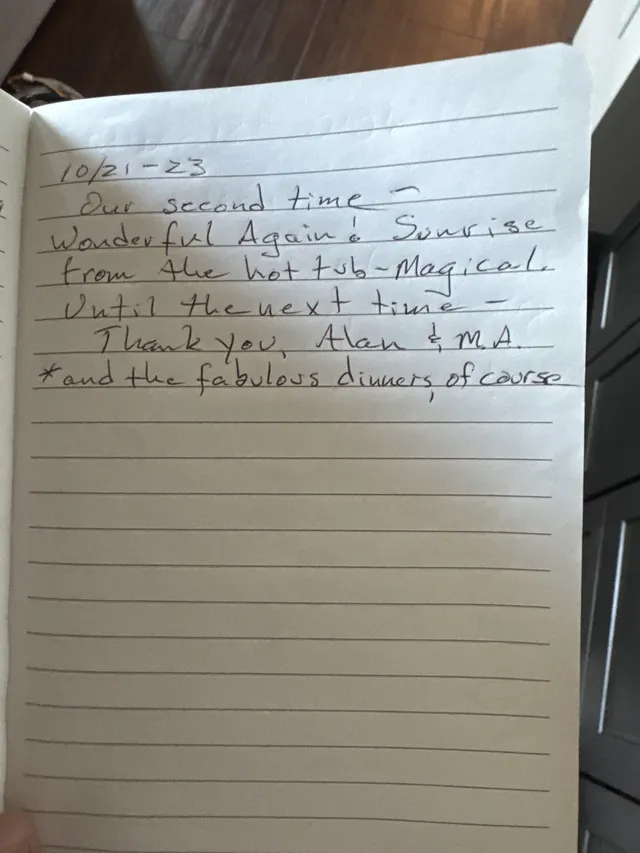 Handwritten guest journal page: 10/21-23 Our second time ~ Wonderful Again! Sunrise from the hot tub - Magical. Until the next time 
