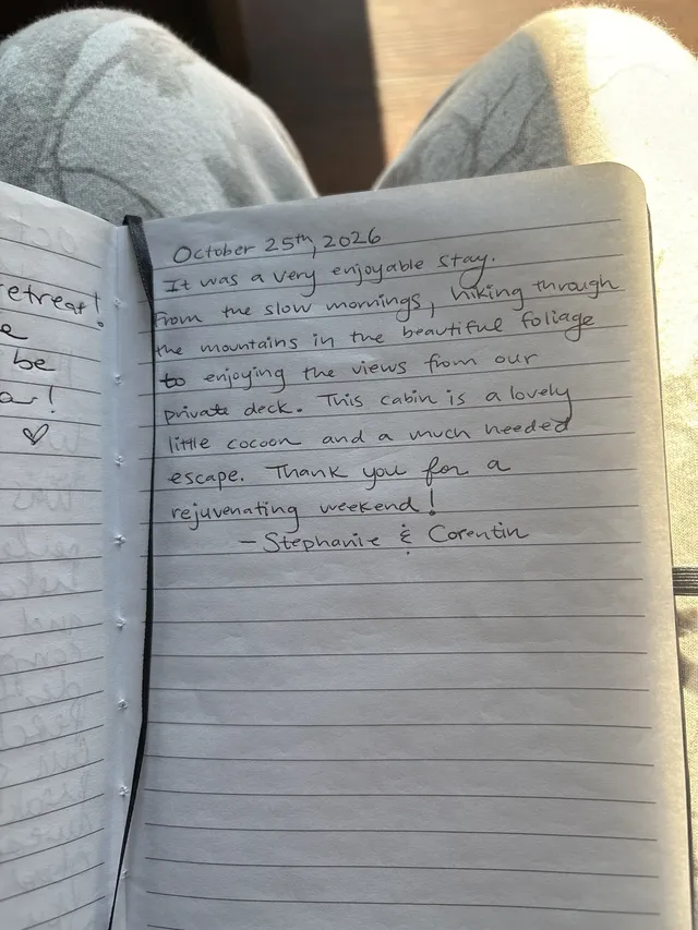 Handwritten guest journal page: October 25th, 2026 It was a very enjoyable stay. From the slow mornings, hiking through the mountain