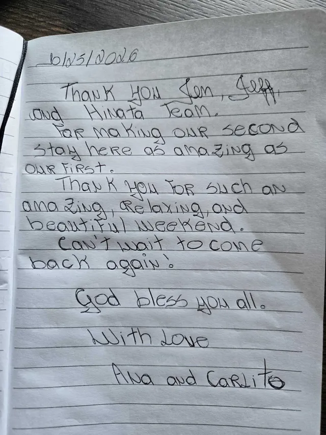 Handwritten guest journal page: 10/25/2026 Thank you Jon, Jeff, and Hinata Team. For making our second stay here as amazing as our f