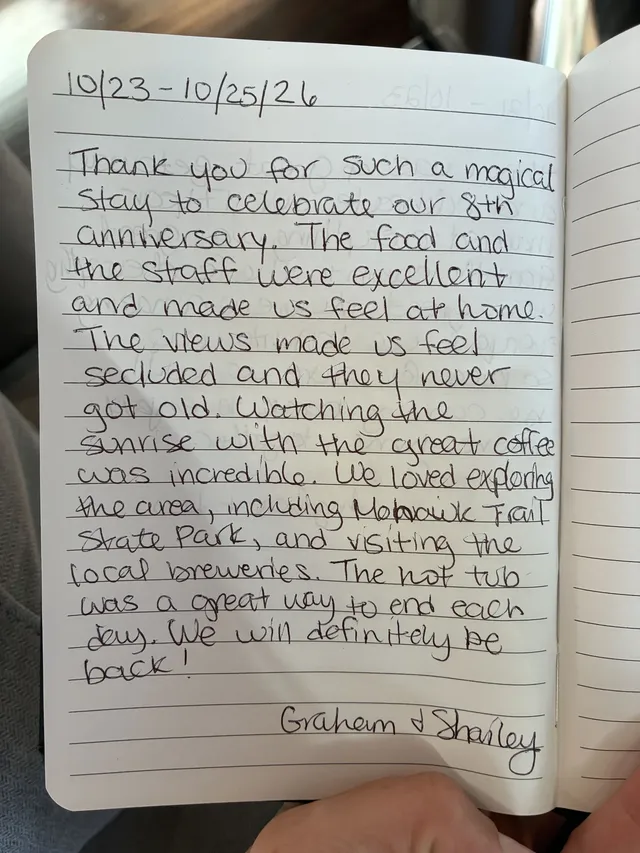 Handwritten guest journal page: 10/23-10/25/26 Thank you for such a magical stay to celebrate our 8th anniversary. The food and the 