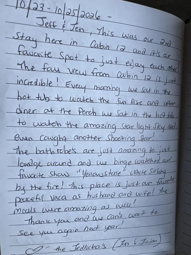 Handwritten guest journal page: 10/23-10/25/2026 - Jeff & Jen , This was our 2nd stay here in Cabin 12 and it's our favorite spot to