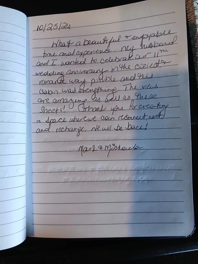 Handwritten guest journal page: 10/26/26 What a beautiful & enjoyable time and experience. My husband and I wanted to celebrate our 
