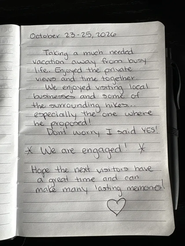 Handwritten guest journal page: October 23-25, 2026 Taking a much needed vacation away from busy life. Enjoyed the private views and