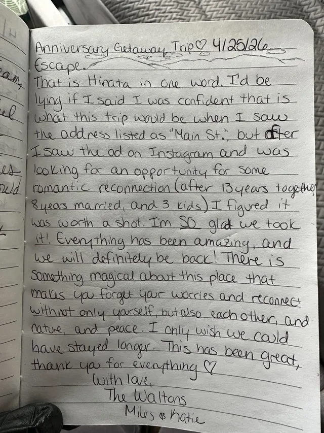 Handwritten guest journal page: Anniversary Getaway Trip ♡ 4/25/26 Escape. That is Hinata in one word. I'd be lying if I said I was 