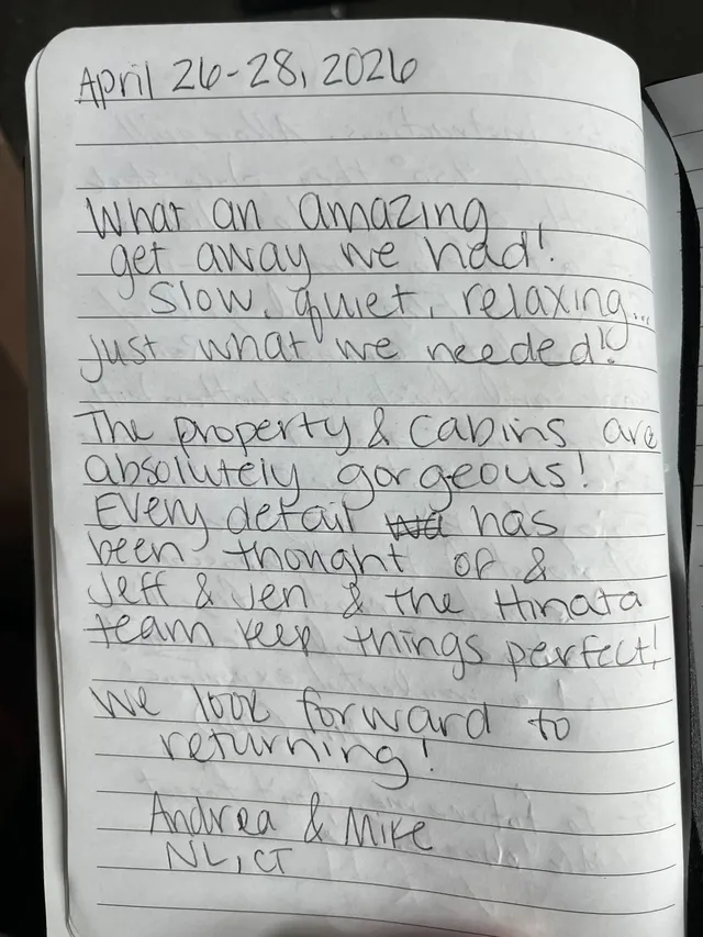 Handwritten guest journal page: April 26-28, 2026 What an amazing get away we had! Slow, quiet, relaxing... Just what we needed! The