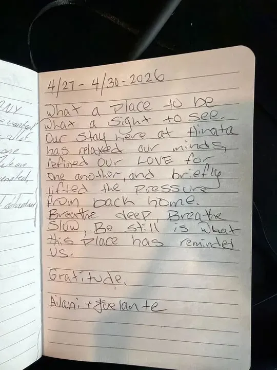 Handwritten guest journal page: 4/27 - 4/30 - 2026 What a place to be What a sight to see. Our stay here at Hinata has relaxed our m