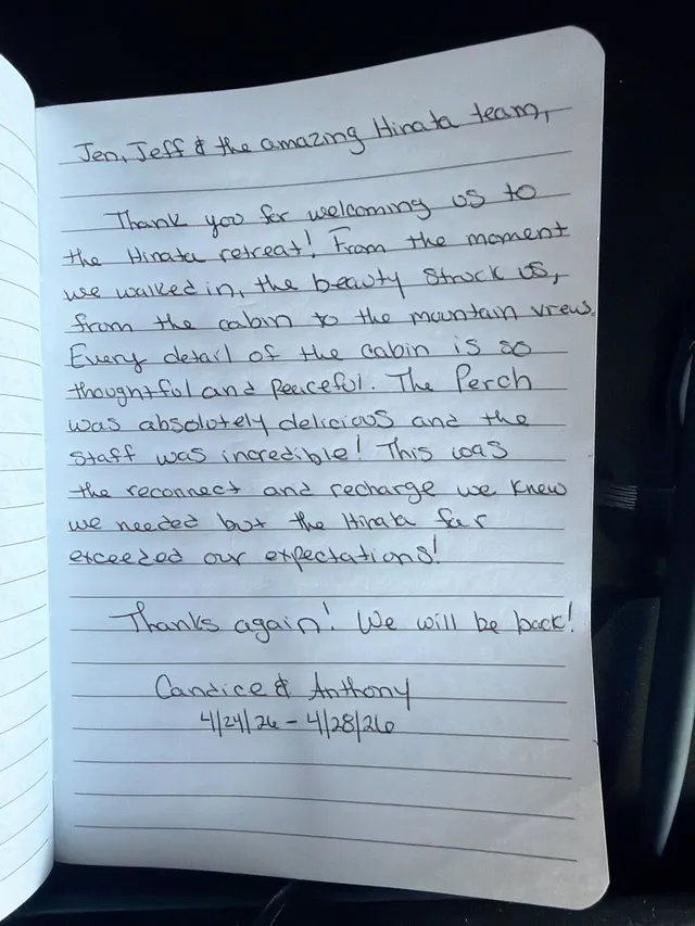 Handwritten guest journal page: Jen, Jeff & the amazing Hinata team, Thank you for welcoming us to the Hinata retreat! From the mome