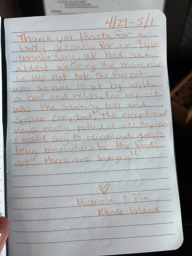 Handwritten guest journal page: 4/29-5/1 Thank you Hinata for a lovely getaway for our 9yr anniversary. We had such ablast watching 