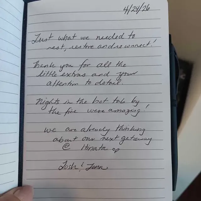 Handwritten guest journal page: 4/24/26 Just what we needed to rest, restore and reconnect! Thank you for all the little extras and 
