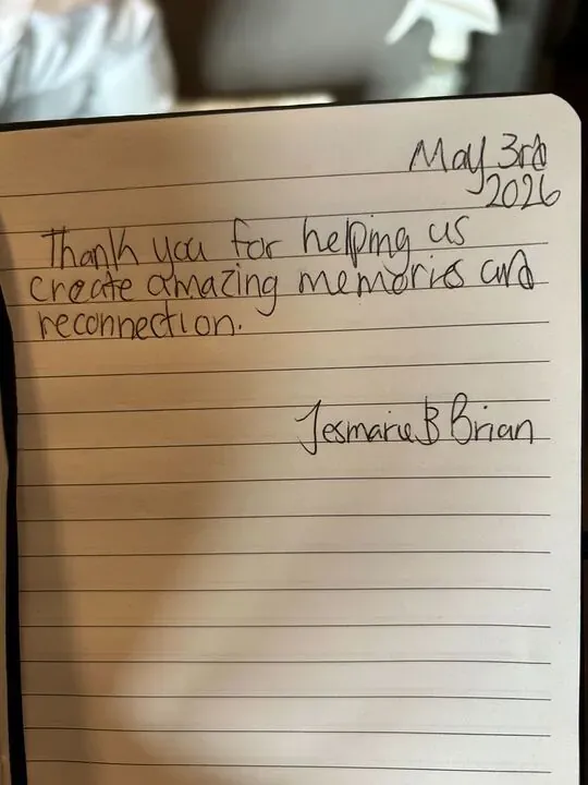 Handwritten guest journal page: May 3rd 2026 Thank you for helping us create amazing memories and reconnection. Jesmarie & Brian