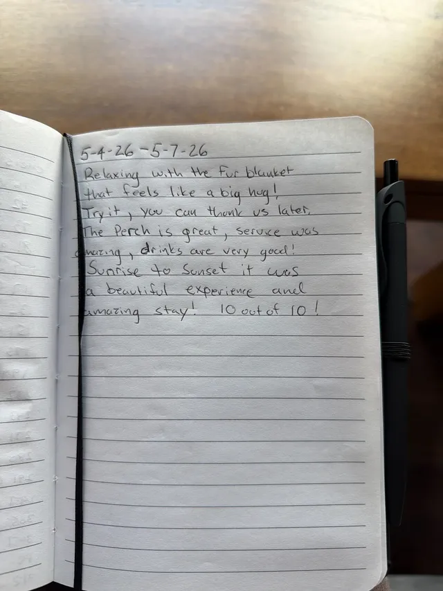 Handwritten guest journal page: 5-4-26 - 5-7-26 Relaxing with the fur blanket that feels like a big hug! Try it, you can thank us la