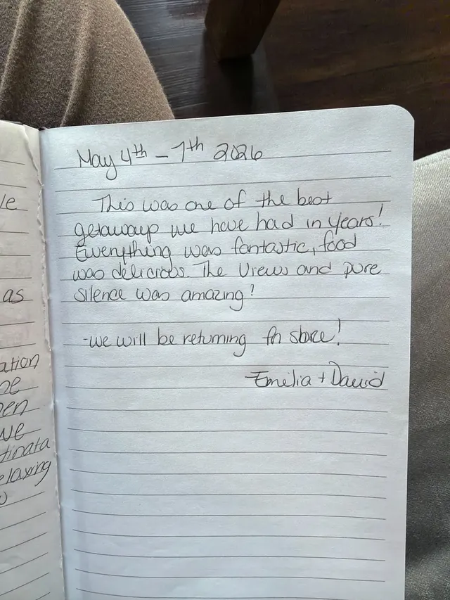 Handwritten guest journal page: May 4th - 7th 2026 This was one of the best getaway we have had in years! Everything was fantastic, 