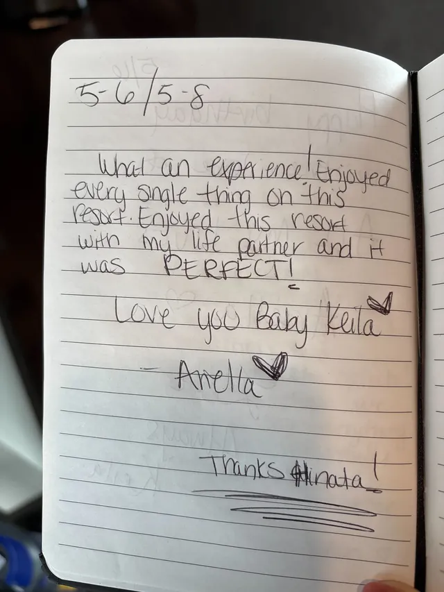 Handwritten guest journal page: 5-6/5-8 What an experience! Enjoyed every single thing on this resort. Enjoyed this resort with my l