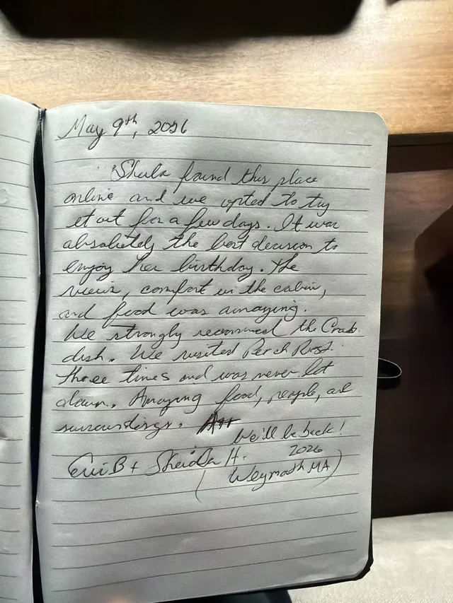 Handwritten guest journal page: May 9th, 2026 Sheida found this place online and we opted to try it out for a few days. It was absol