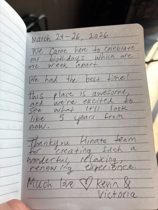 Handwritten guest journal page: March 24-26, 2026 We came here to celebrate our birthdays which are one week apart. We had the best 
